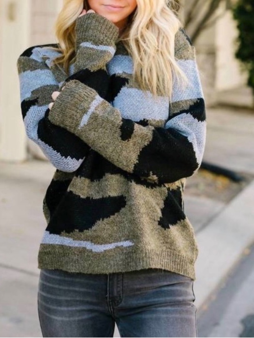 Wanna B Olive Green Black Gray Crewneck Sweater